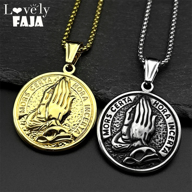 

Christian Praying Hands Jesus Stainless Steel Pendant Necklace for Women Men Gold Color Hip Hop Chain Amulet Jewelry Gift