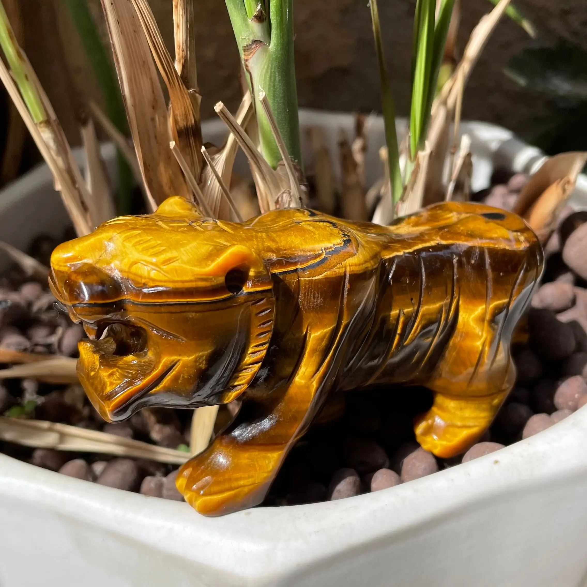 1PCTiger Statue Natural Gemstone Yellow Tiger Eye Crystal Carved Reiki Healing Stone Animal Figurine Crafts Home Ornaments Decor