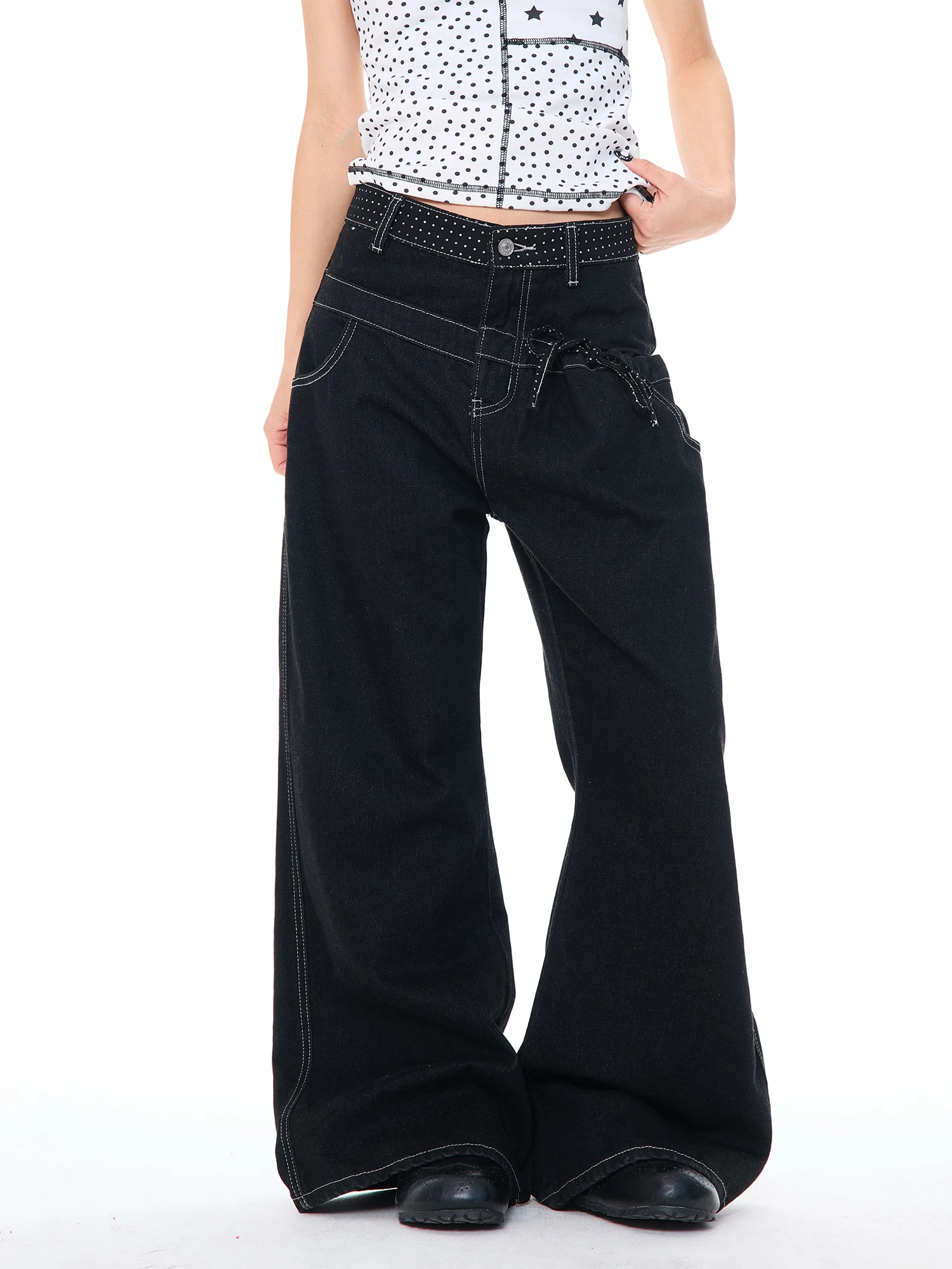 

Retro American Polka Dot Splicing Double Waist Head Jeans Women's Loose Straight Casual Wide Leg Pants Design Sensation