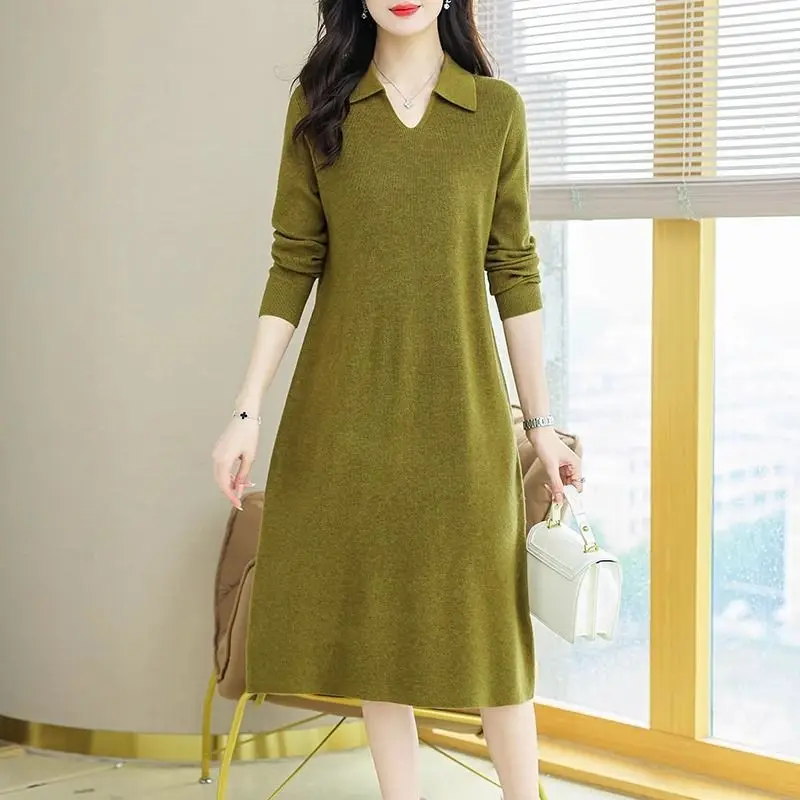 Autumn Winter Fashion Long Sleeve Turn-down Collar Solid Dresses Women\'s Clothing Waist Retraction French Style Knitting Dresses