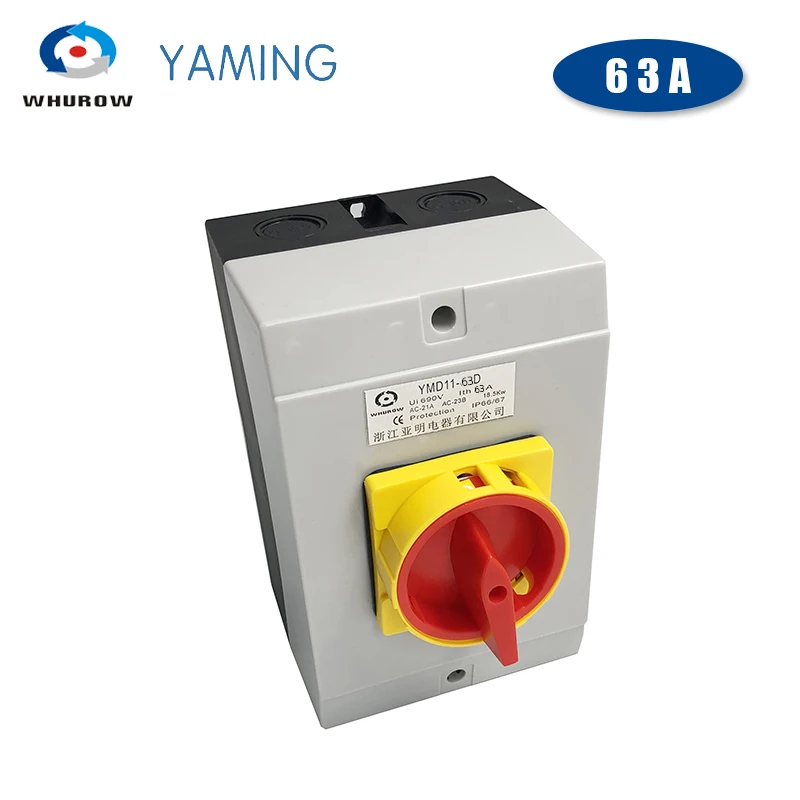 

YMD11-63A Isolator Switch 3/4P Padlock ON-OFF 2 Positions Cam Changeover With Waterproof Box Enclosure IP65 Silver Contact