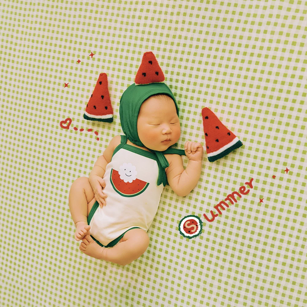 Baby Bodysuits Hat Newborn Photography Outfits Wool Blanket Background Watermelon Decorative Props Summer Theme Shooting Props