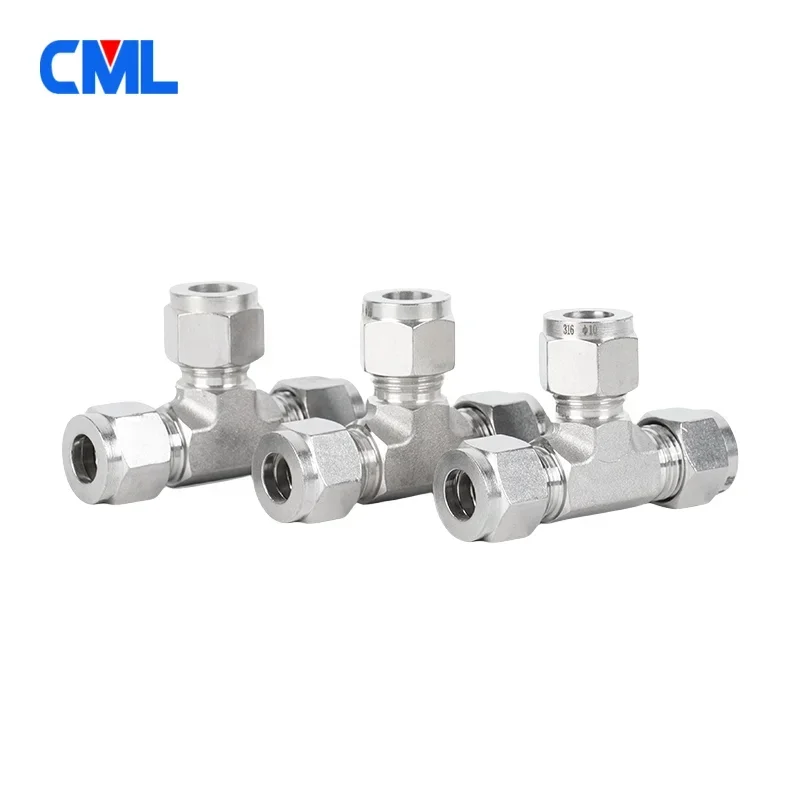 T forgiato in acciaio inossidabile 304 316L 1/8 "1/4" 3/8 "1/2" 3/4 "6mm 8mm 10mm 12mm 14mm 16mm Connettori per tubi a T a doppia ghiera a 3 vie