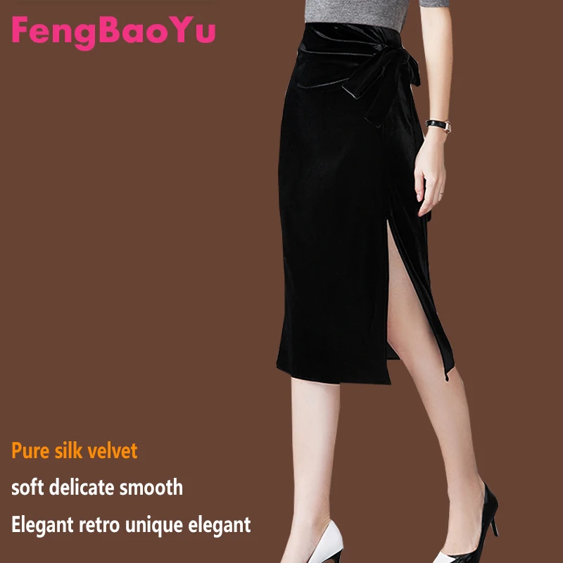 

Fengbaoyu Natural Silk Fleece Half-Length Skirt with High Waist and A-shaped Side Slits - Elegant skirt with Shining Luster