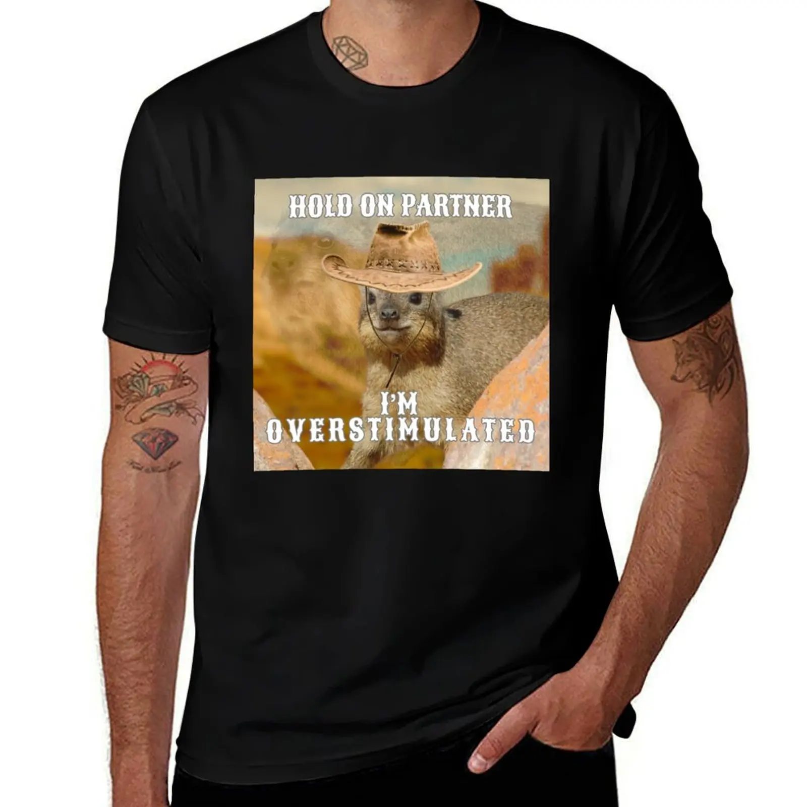 Hold On Partner I'm Overstimulated Rock Hyrax T-Shirt Novelty Graphic Tee Shirt