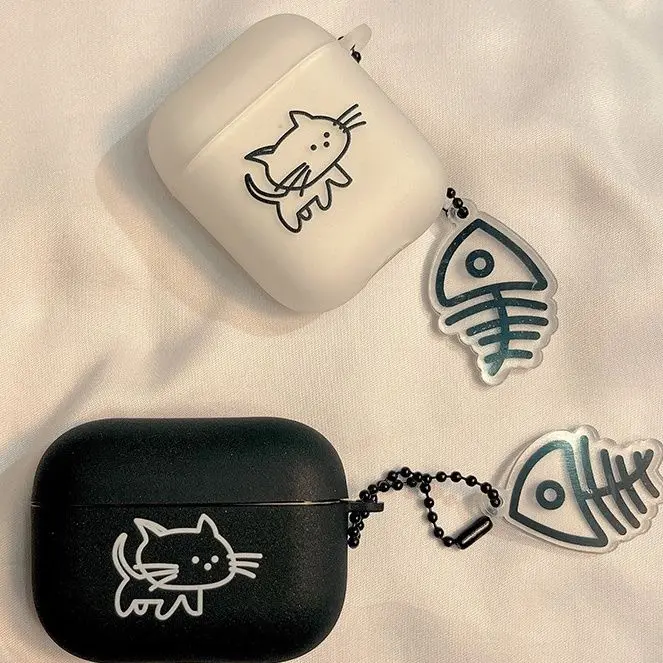 Ins Cartoon Cat Couples Matte Case For AirPods 1/2/3 Soft TPU Cute Cover for AirPods Pro 2 Bluetooth Earphone Case Fish Keychain