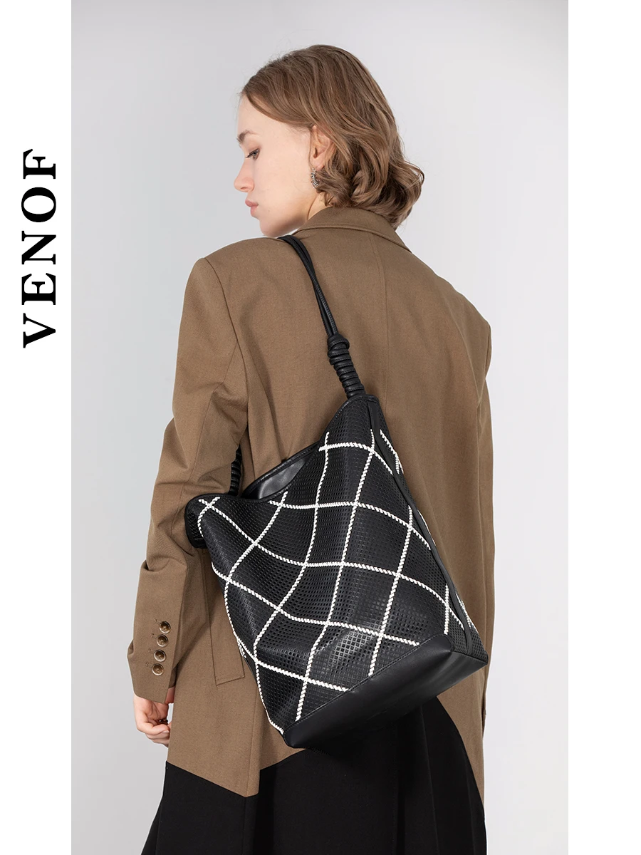 VENOF Cowhide Single Shoulder Bucket Bag 100% Soft Cowhide Large Capacity Women\'s Shopping Bag Female Tote Bag Ladies Bag Brand