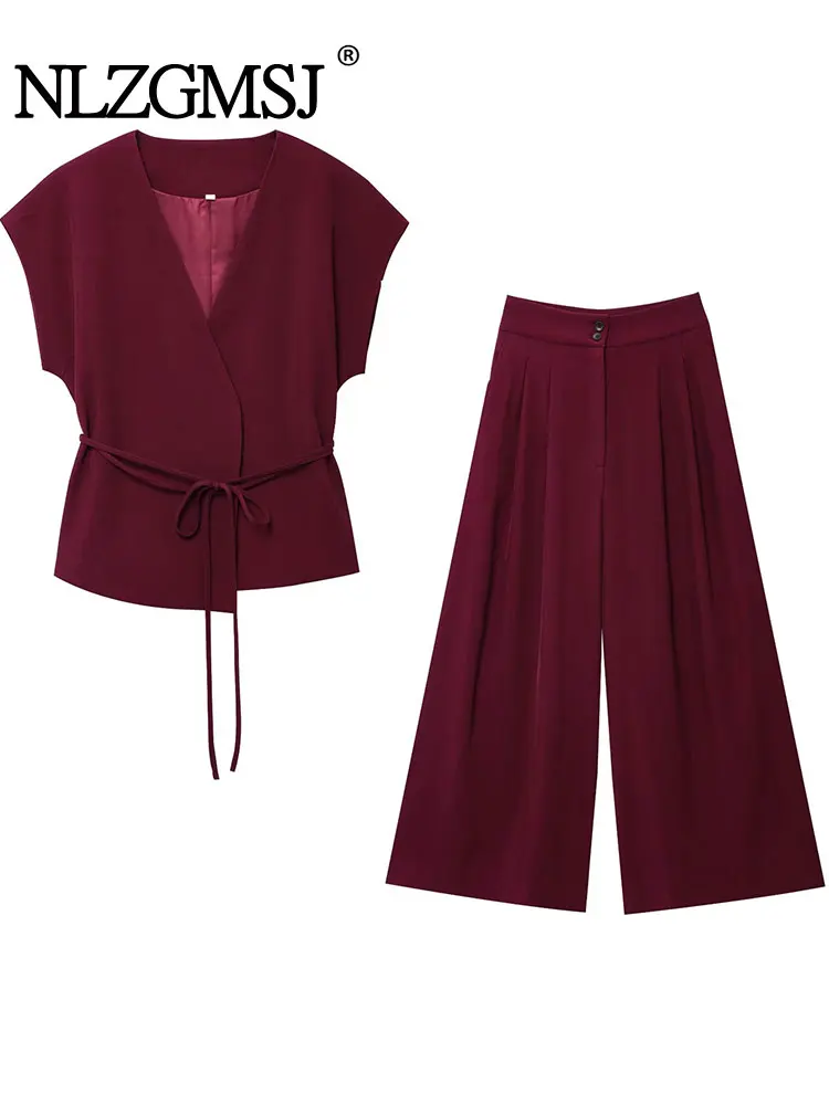 

2025 Summer Women's Casual Chic Suit V-Neck Single Button Lace Up Sleeveless Vest Long Straight Pants Fashion Sets