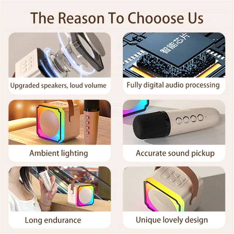 Mini Karaoke Machine para Crianças e Adultos, Alto-falante Bluetooth Portátil com 2 Microfones Sem Fio, Soundbox, Presente de Aniversário