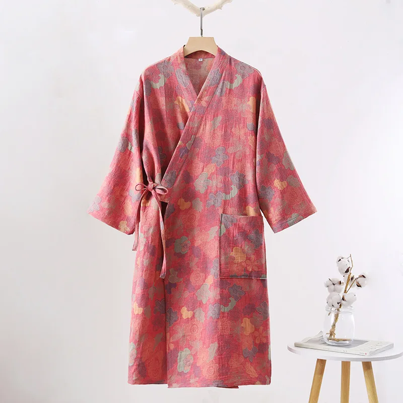 

Двухслойный марлевый халат из чистого хлопка, повседневная и модная домашняя одежда из хлопка для пар, впитывающая и быстросохнущая