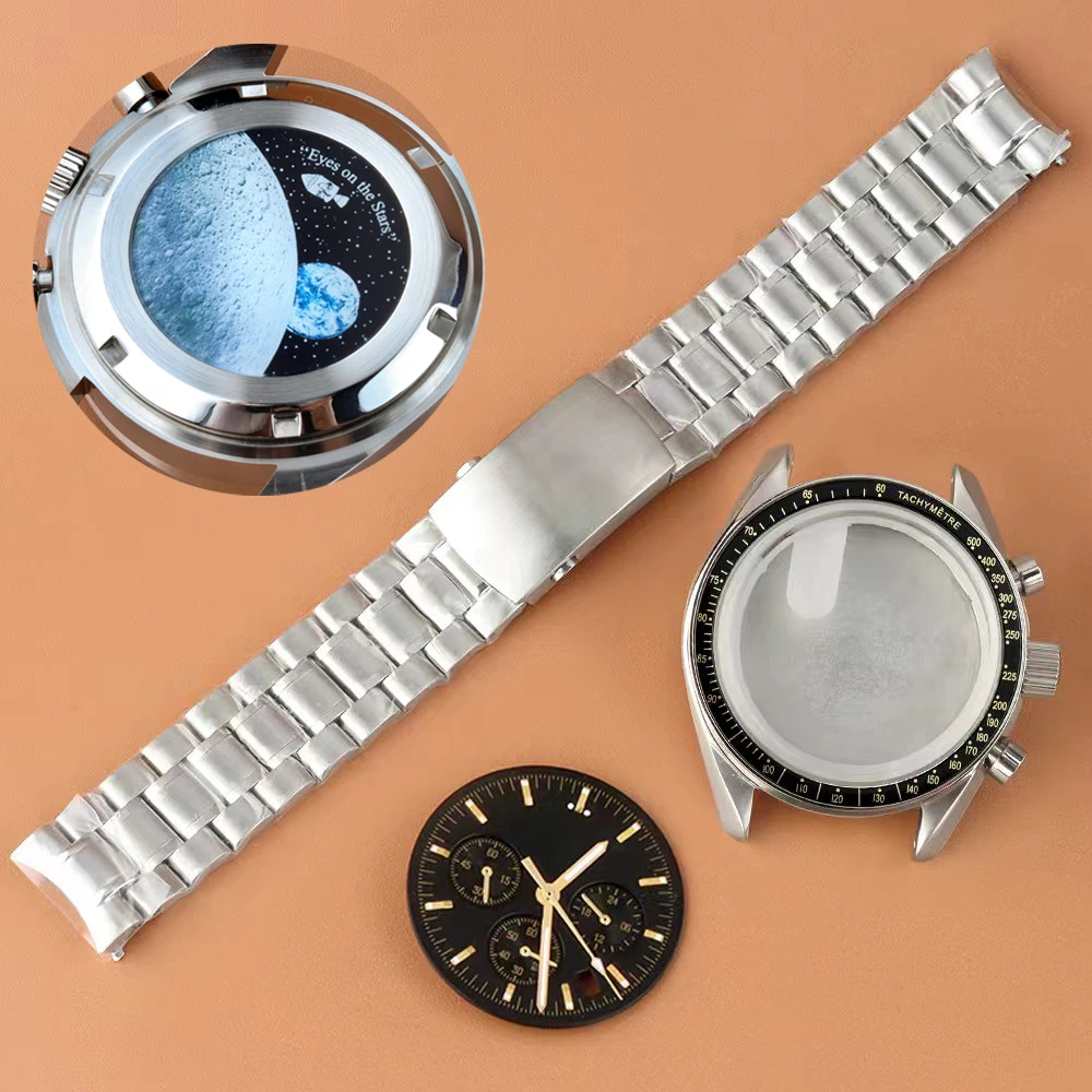 

40mm VK63 Case 32.5mm Dial Moon Pattern Back Fit Quartz Chronograph 316L Steel Men's Watch Case Strap for VK63 VK64 Movement