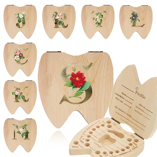 

Children Lost Teeth Saver Box Wooden Tooth Storage Box Durable Keepsake Recording Teeth Information Golden Flower Letter Pattern