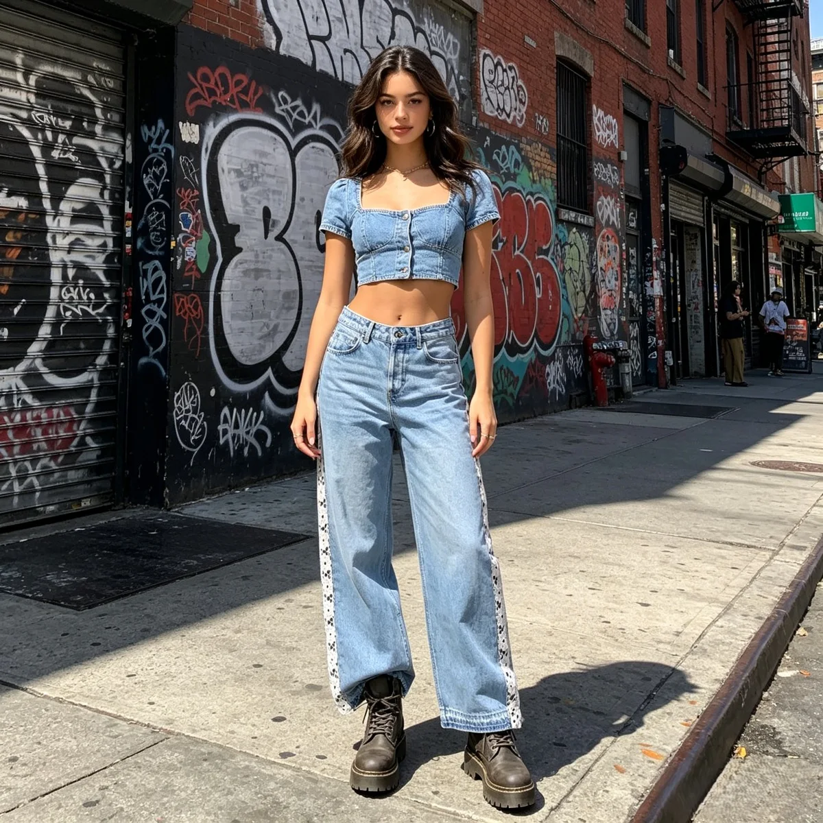 Straight Jeans Women Luxury Side Striped Denim Pants Lace Patchwork Crochet Stitching Wide Leg Trousers Streetwear Fashion 2026