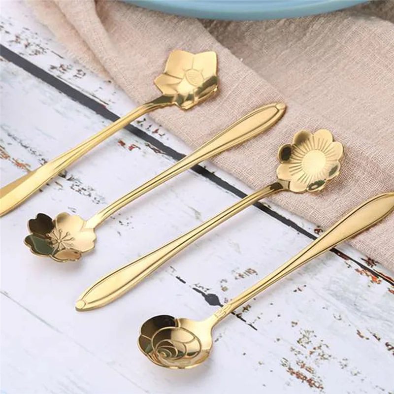 Set Of 4 Cute Golden Sakura Rose Flower Teaspoons - Stainless Steel Coffee & Dessert Spoonsabkw