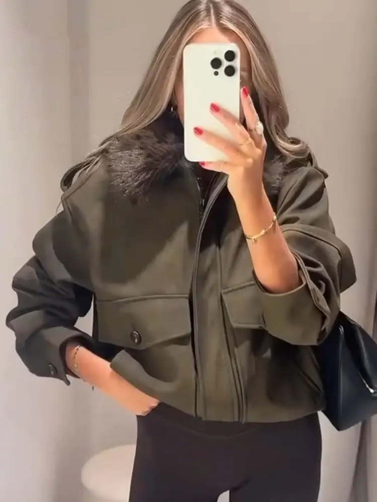 

HH Осенняя куртка для женщин Элегантное пальто с меховым воротником Куртки на молнии с длинными рукавами Зимняя теплая верхняя одежда Модные уличные куртки