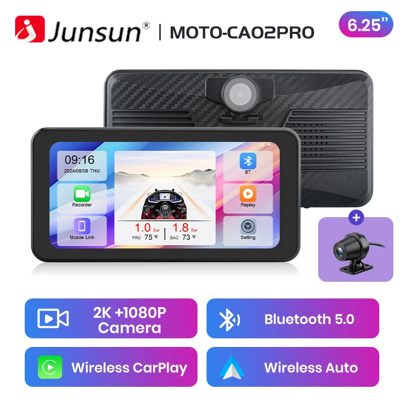 Junsun 8,1 inch Dual 2K motorfiets DVR Carplay Android Auto dashboard GPS navigatiedisplay IPX7 waterdichte dashcam draagbare digitale touchscreen monitor Moto BT - afbeelding 1