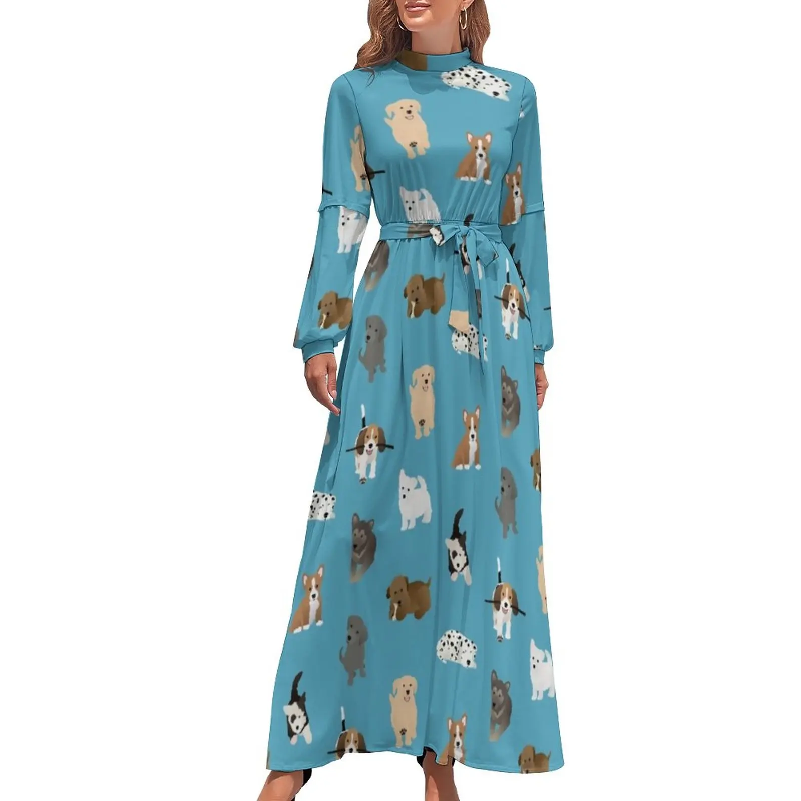 Cute Dalmatian Print Dress Colorful Puppies Street Style Boho Beach Dresses Female Long Sleeve High Neck Sexy Long Maxi Dress