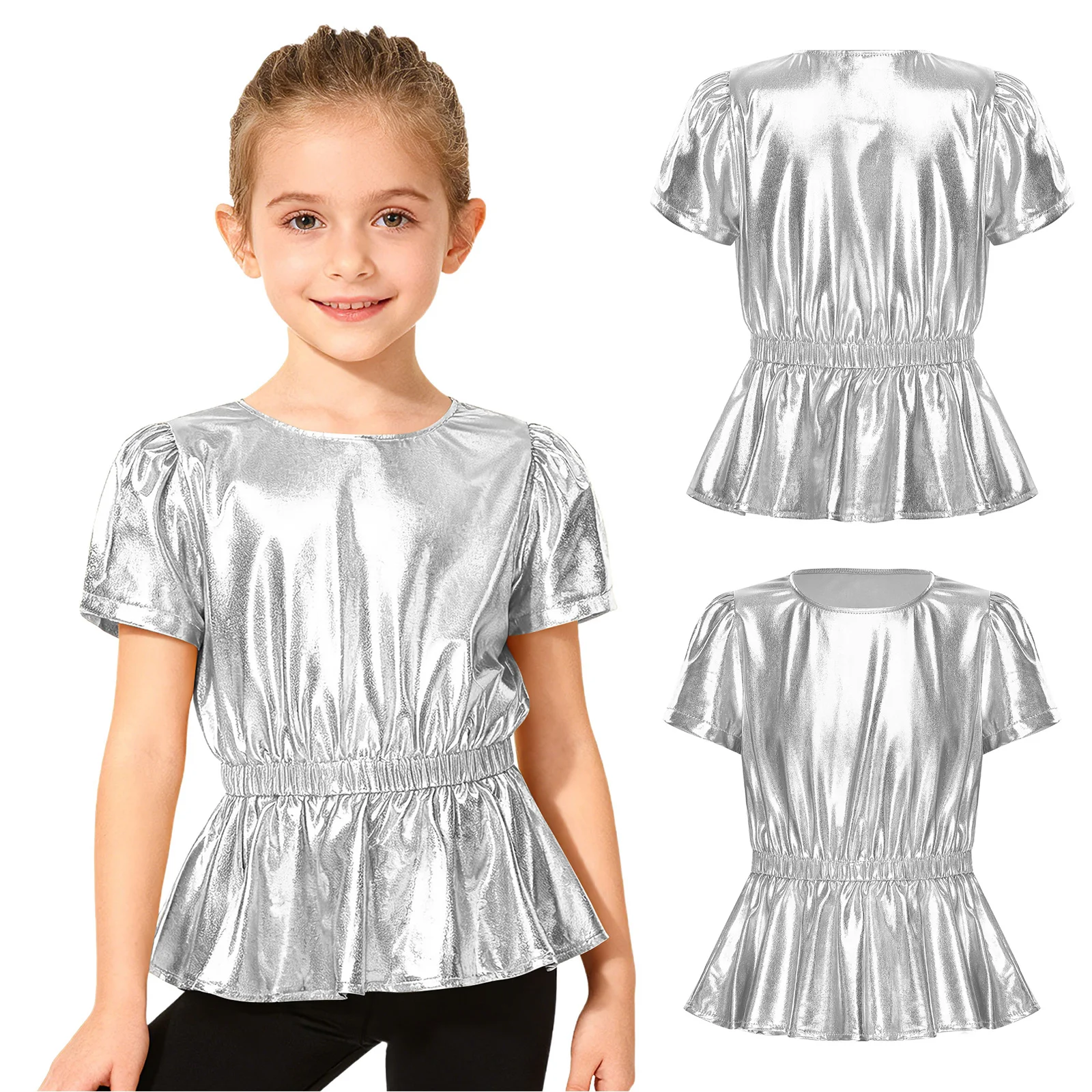 

Детские топы с баской металлик для девочек, футболка с короткими рукавами и эластичной резинкой на талии, топ для джаза, хип-хопа, танцев, черлидинга, уличная одежда