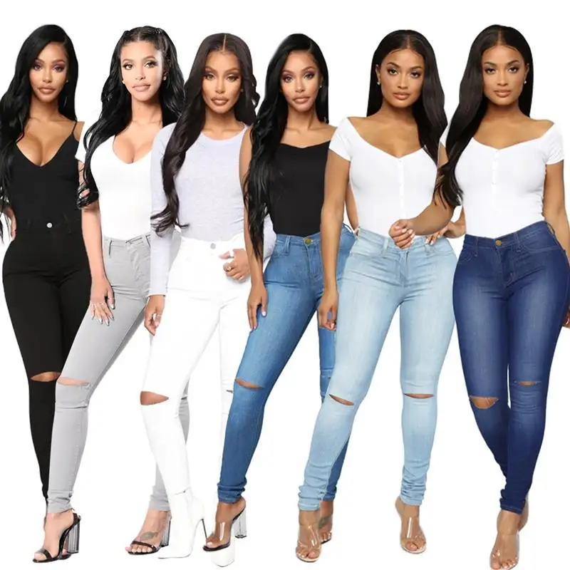 

Faionable High Waist Slim Fit Denim Jeans Women's Clothing Hole Punch Long Pants Sli Ladies Premium Quali Denim Jeans