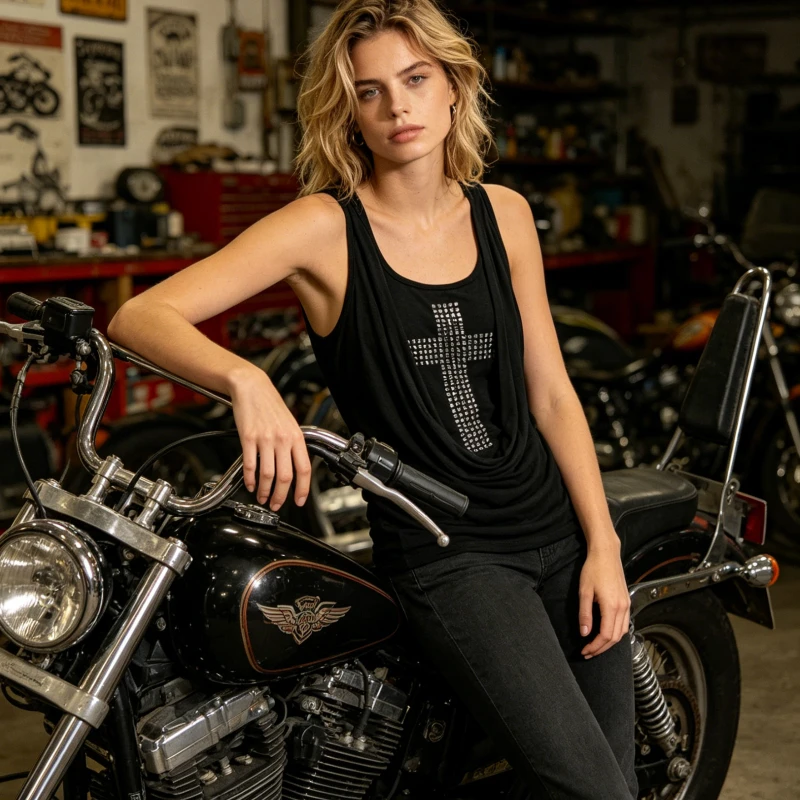 Women's Gothic Studded Cross Tank Top Double Layer Drape Sleeveless Shirt Y2K Grunge Streetwear Cami