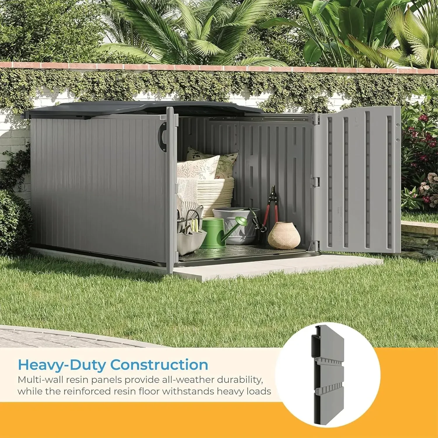 Suncast Glidetop Horizontal Outdoor Storage Shed with Pad-Lockable Sliding Lid and Doors, All-Weather Shed for Yard Storage,