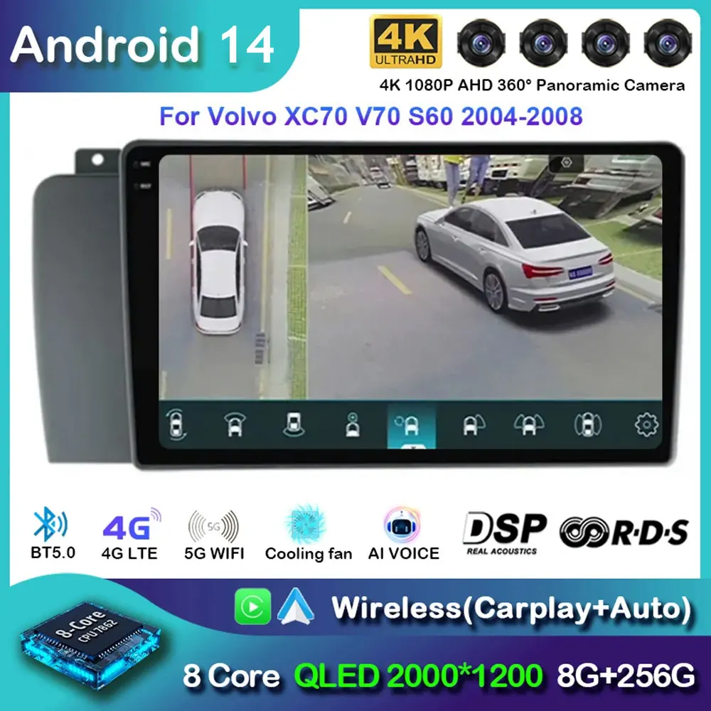 Android 14 For Volvo XC70 V70 S60 2000 - 2009 Radio Unit CarPlay Auto Multimedia Player Touchscreen Navigation Stereo NO DVD