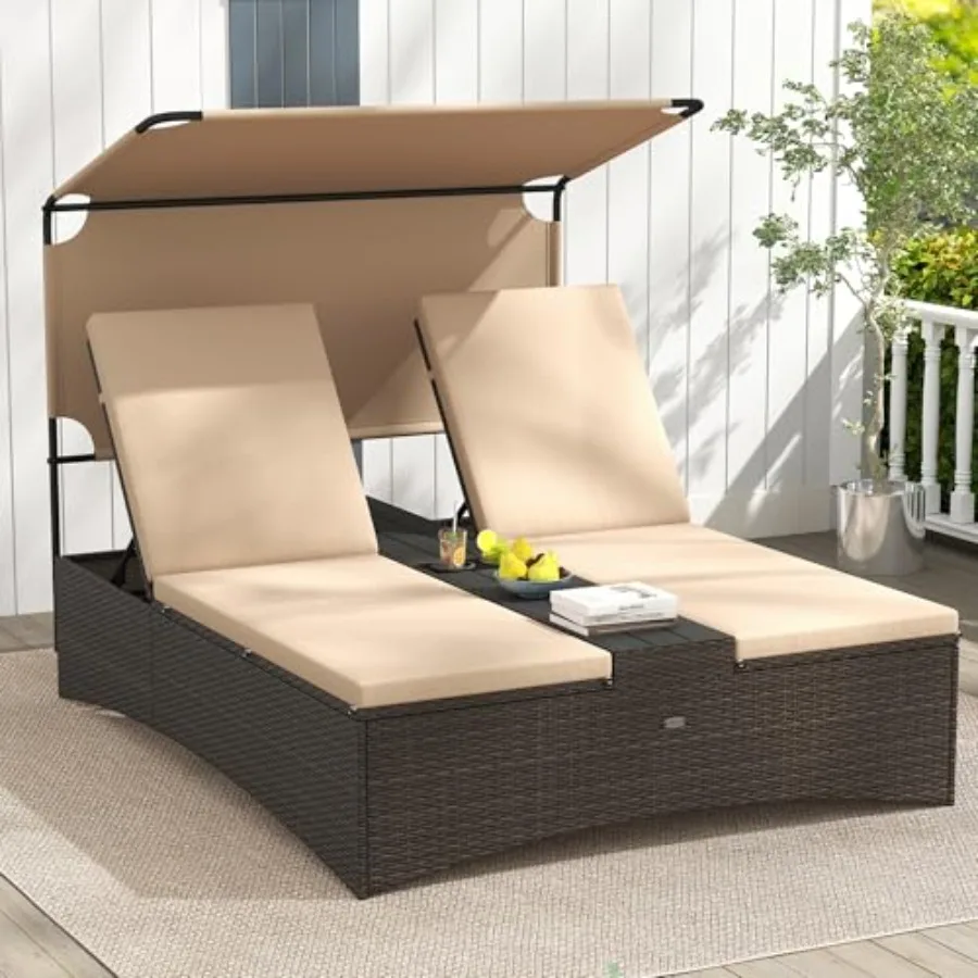 Outdoor rattan daybed for balcony, backyard poolside: natural brown wicker with beige cushions, 4-level adjustable backrests, c