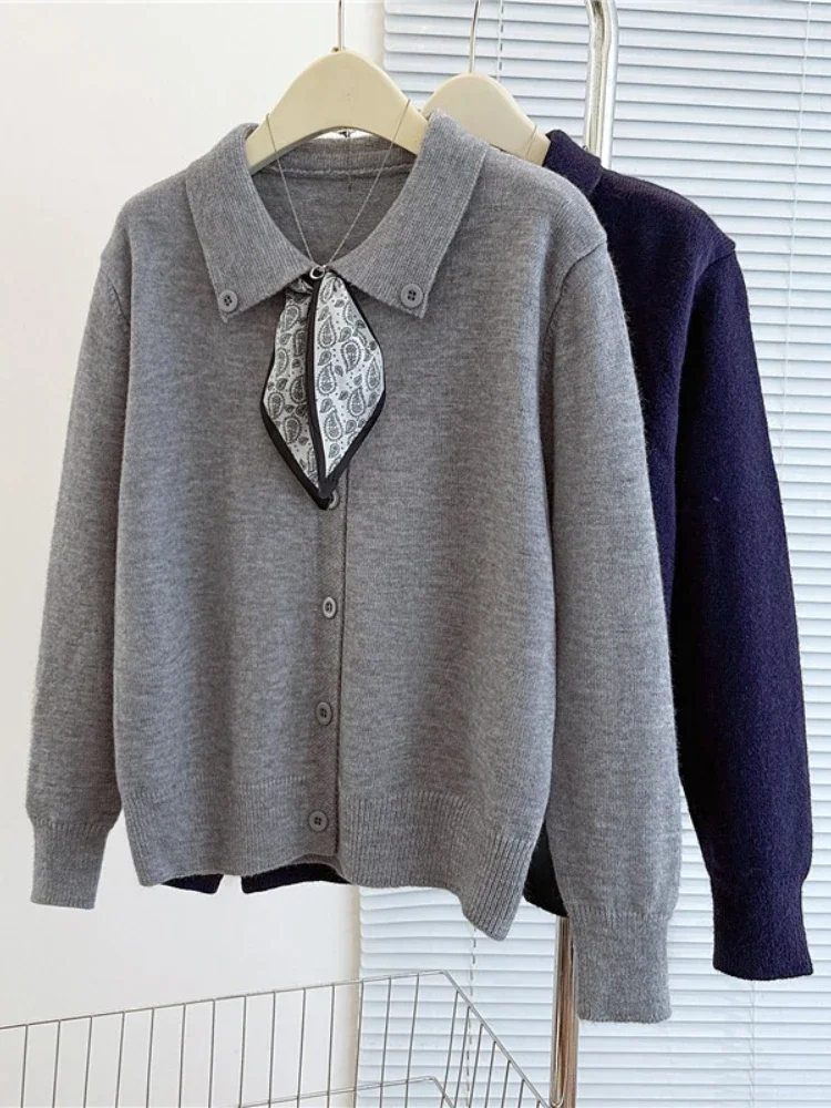 Classic Bow Tie Design Sweater 2026 Autumn Winter Plus Size Cardigan Elegant Office Women Long Sleeved Knitted Sweater