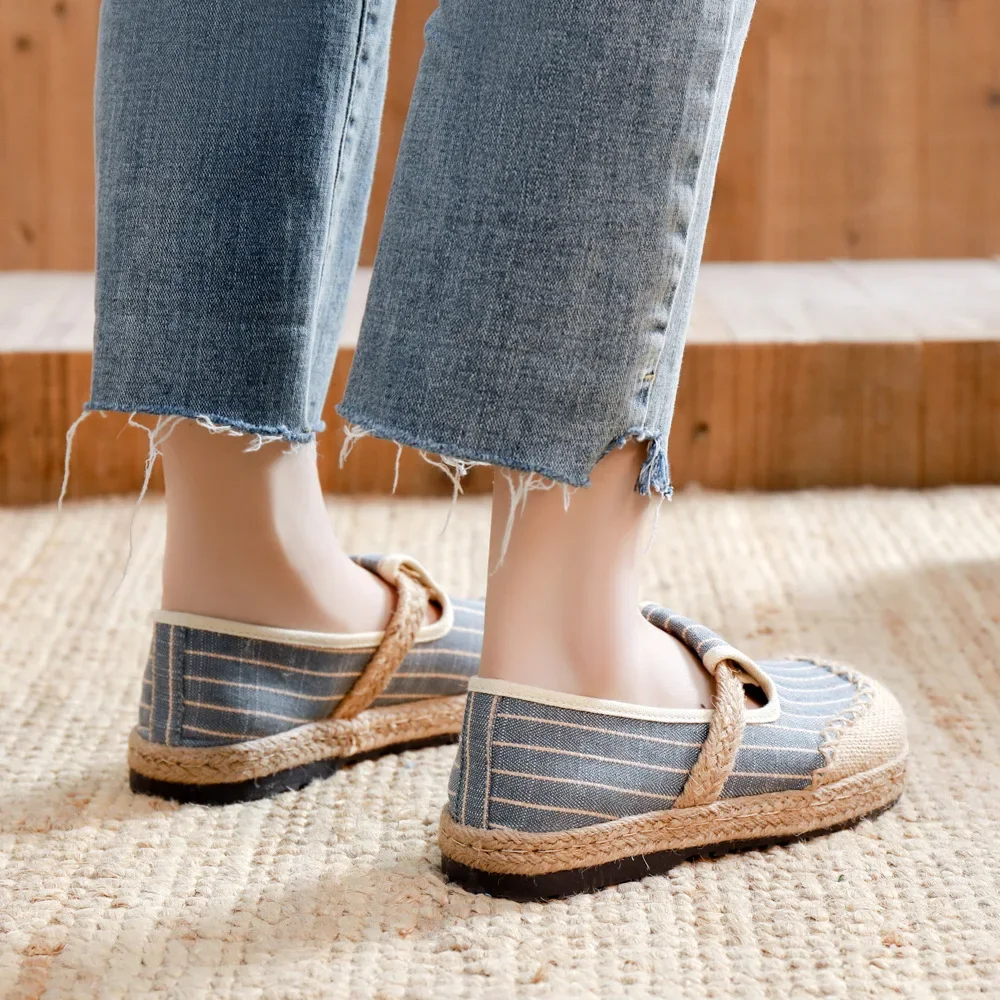 Veowalk Women Striped Linen Cotton Fabric Loafers Comfortable Slip On Sneakers Ladies Casual Flats Shoes Handmade Espadrilles