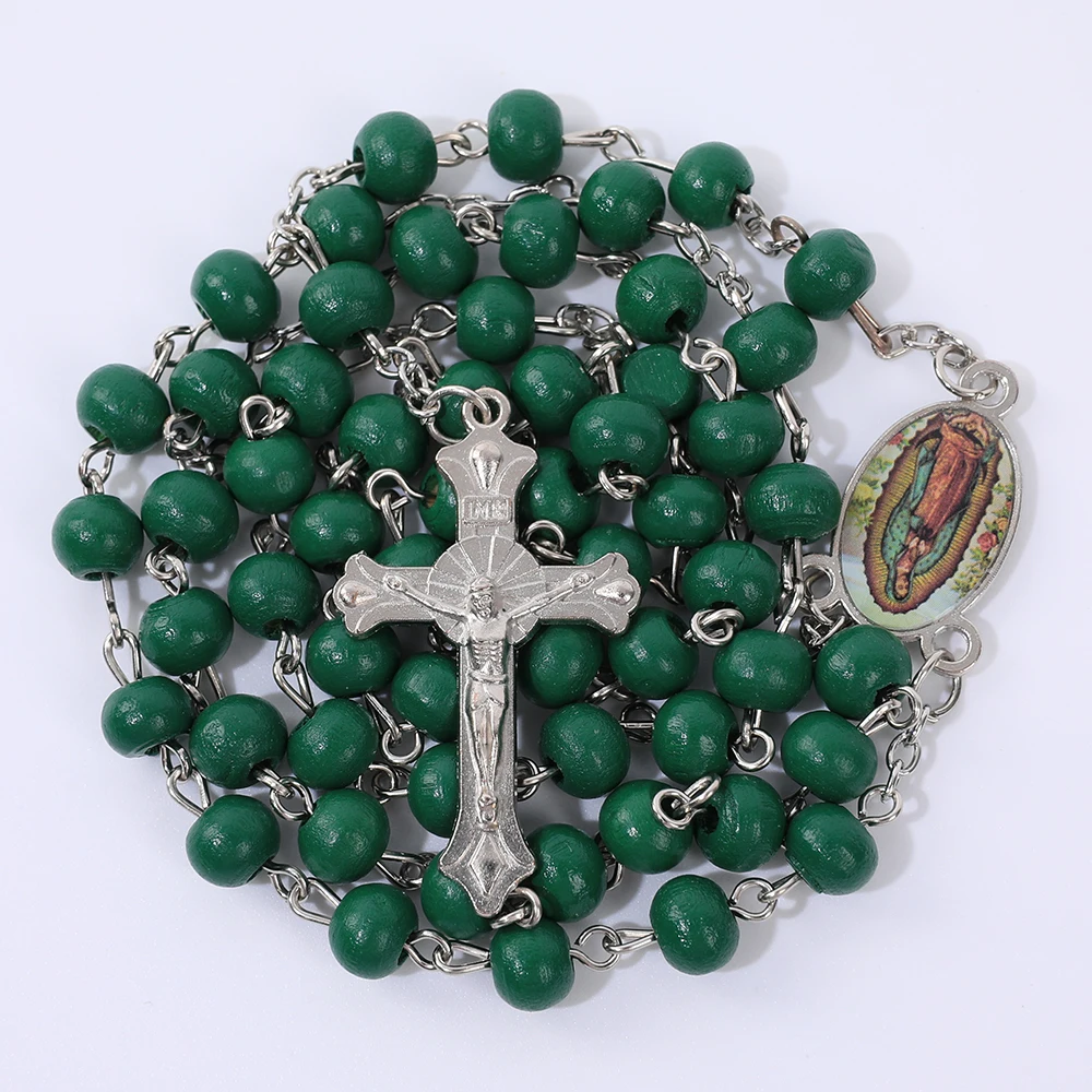 Blaue Rosenkranzkette für Damen und Herren, 6 mm, aus Holz, lange Kette, religiöser Anhänger mit der Jungfrau Maria und einem Kreuz, Herrenschmuck für Partys, Geschenk. – Detail 30