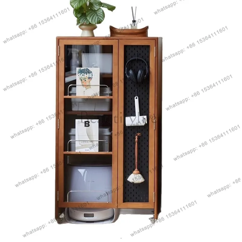 Nordic solid wood housekeeping cabinet retro movable balcony sweeping robot storage living room locker
