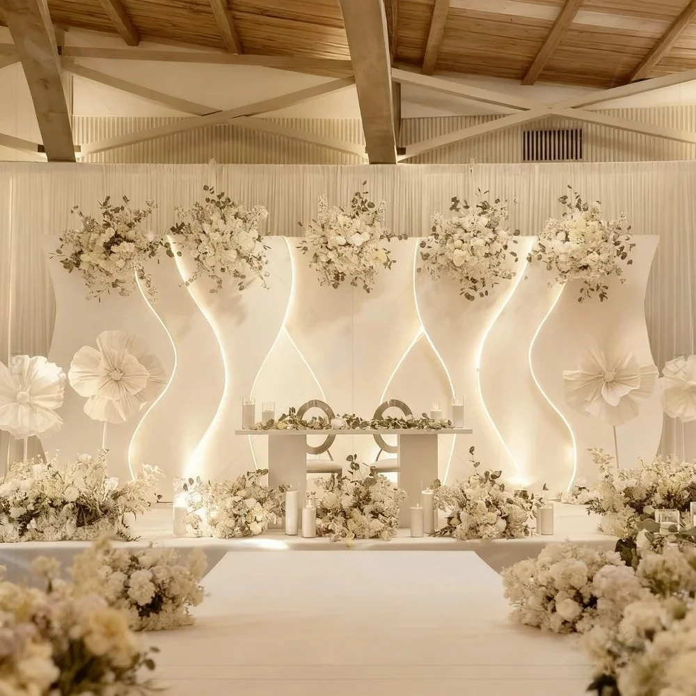 Events Custom Modern Wedding Backdrop White Wave Shape Acrylic PVC 3D Wedding Backdrop Stage Decoration With LED Light