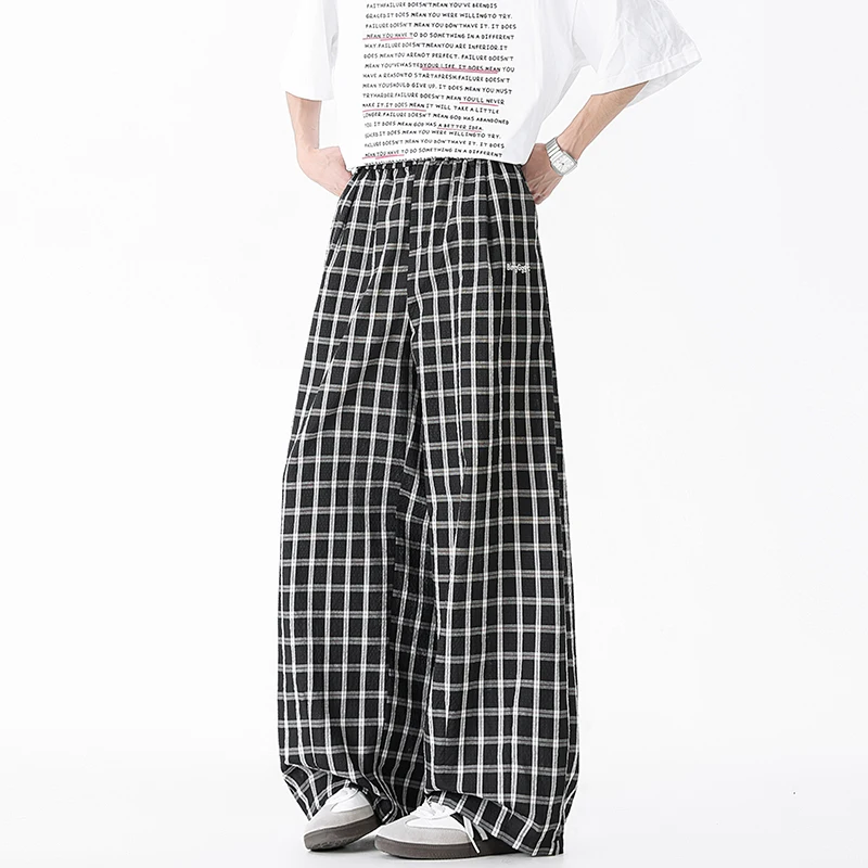 Summer Casual Pants Men Fashion Retro Plaid Pants Men Streetwear Hip-hop Loose Wide Leg Pants Mens Vintage Trousers M-3XL
