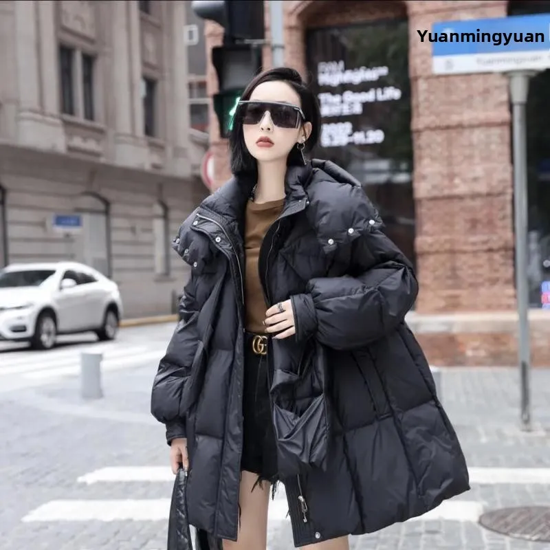 

White Duck down Puffer Jacket with Scarf Casual Loose A-Line Women's Fashion Winter Coat Warm Thickened Long Sleeve Zipper