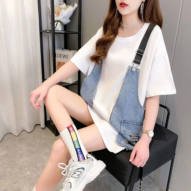 Fake Two Pieces Patchwork Pullovers Casual Loose Women\'s Clothing O-Neck All-match Summer Short Sleeve Korean Fashion T-shirt