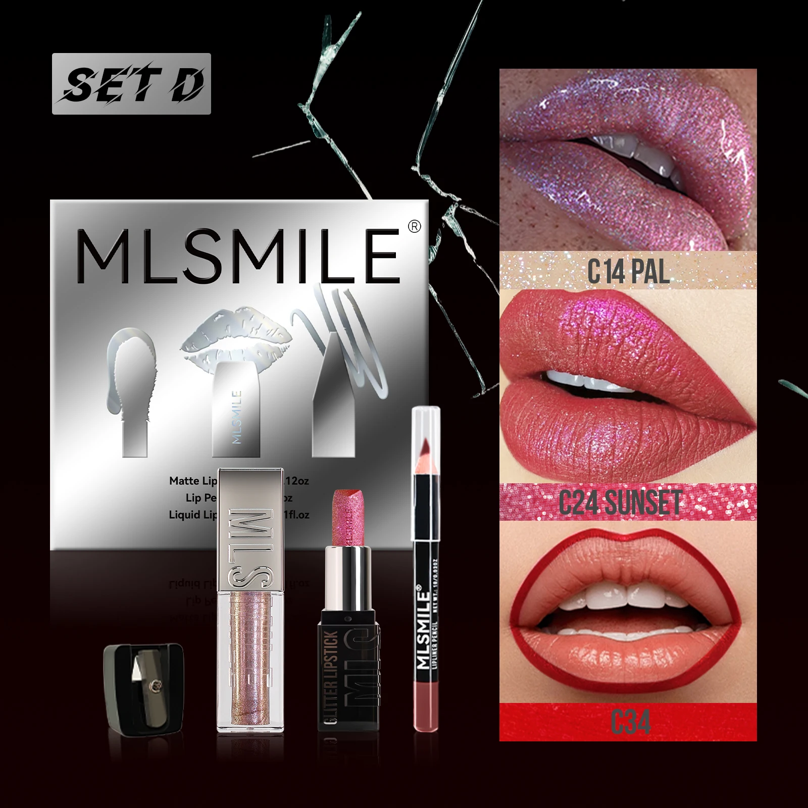 MLSMILE مجموعة شفاه متعددة المزيج من أحمر الشفاه اللامع الناعم + قلم تحديد الشفاه كومبو قلم رصاص مجاني