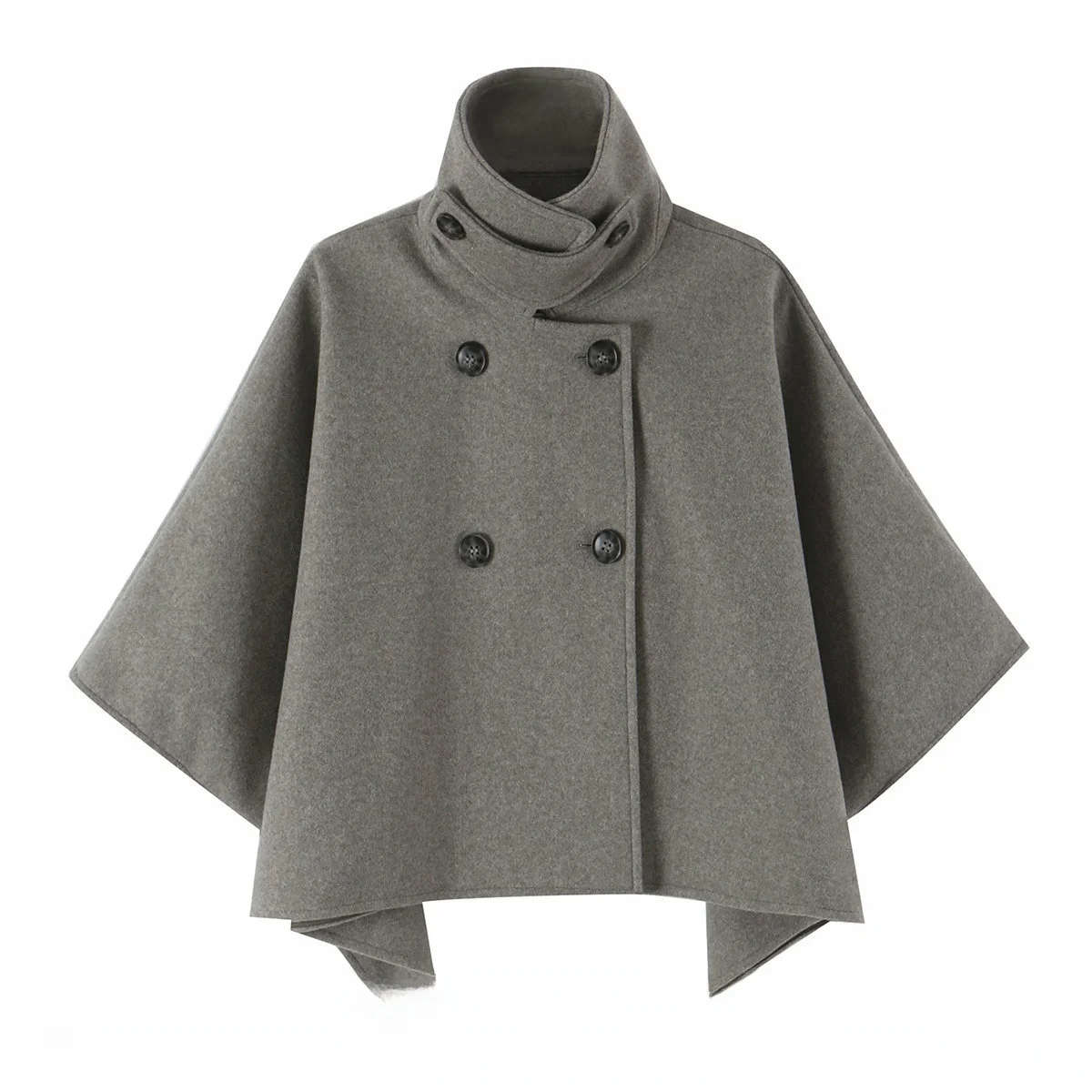 Autumn 2026 Women's Woolen Jacket Collared Fleece Lined Cowl Sleeve Top Double Button Casual Loose Fit Outerwear