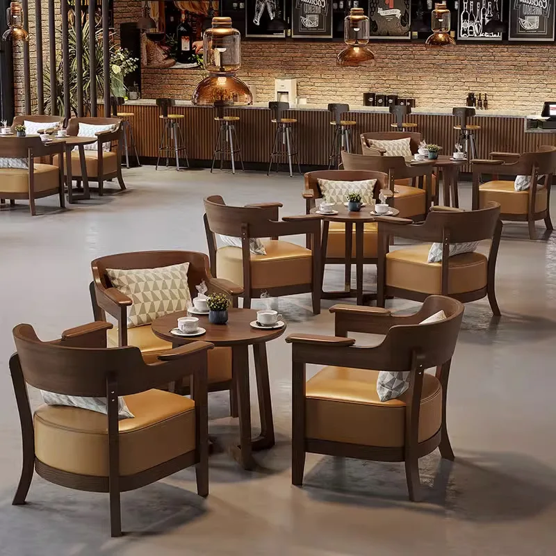 Milk Tea Burger Coffee Shop Table And Chair Combination Retro Leisure Reception Lounge Area Book Bar Negotiate Solid Wood Sofa