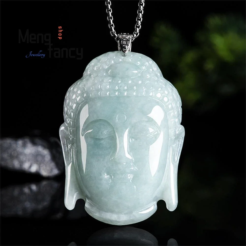 

Natural Myanmar A-goods Jadeite Buddha Head Pendant S925 Silver Buckle Set Necklace Exquisite High-grade Fashion Jewelry Amulets