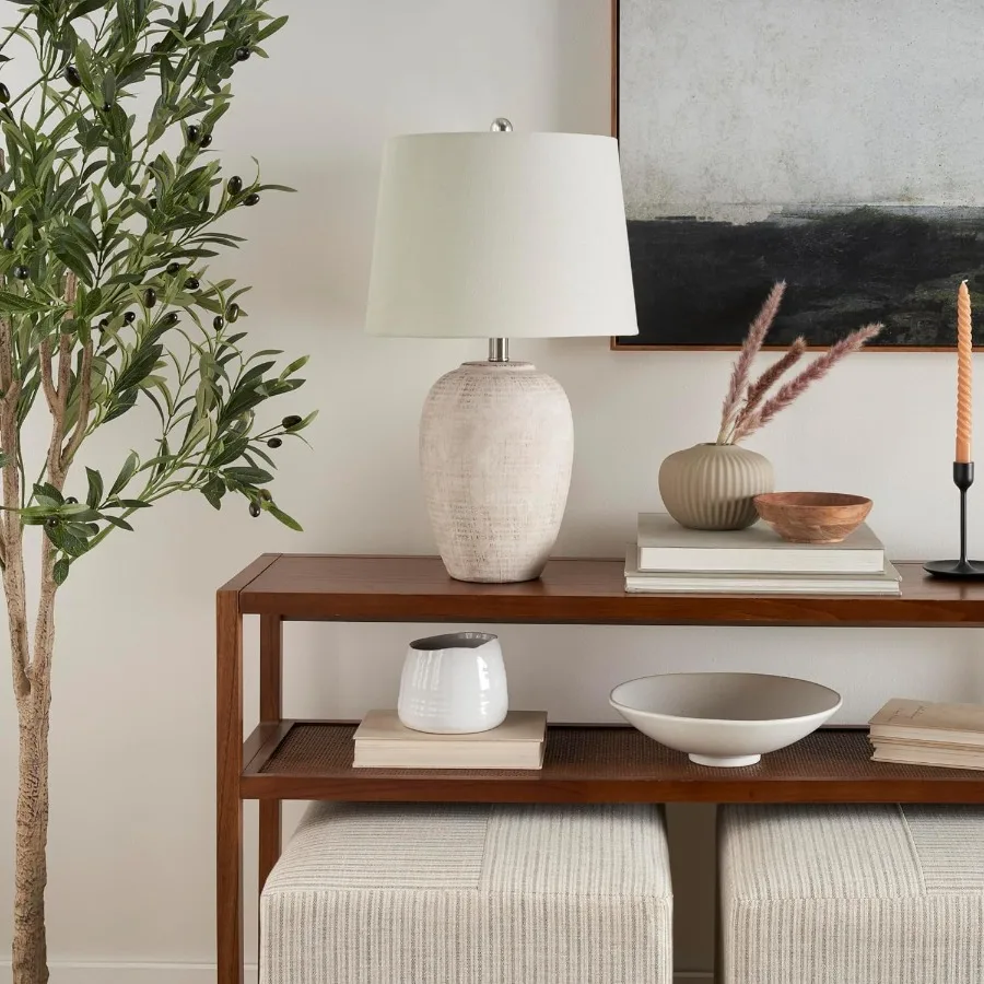 Accueil 23" lampe de table en pot en céramique rustique crème en détresse/beige pour chambre salon salle à manger bureau avec abat-jour ivoire