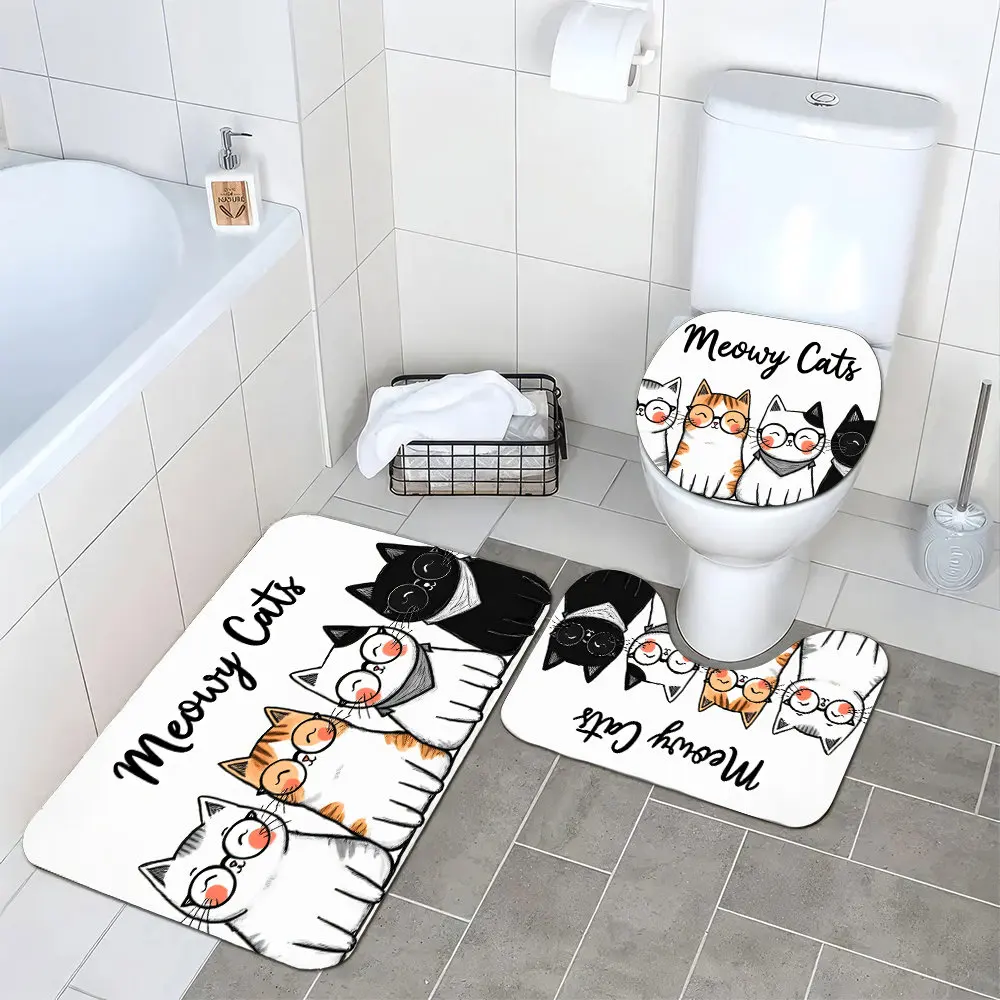 3pcs Super Soft Bathroom Floor Mats Set, Non-slip Backing, 2682The Image Features Four Cartoon Cats Sitting Side By Side. Each