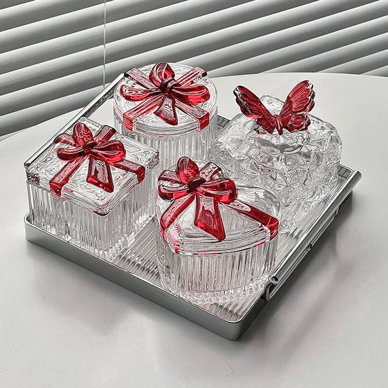Light Luxury Dried Fruit Plate Four Compartments With Lid Candy Box Embossed Texture Dim Sum Dish Two Ear Handle Decoration Tray