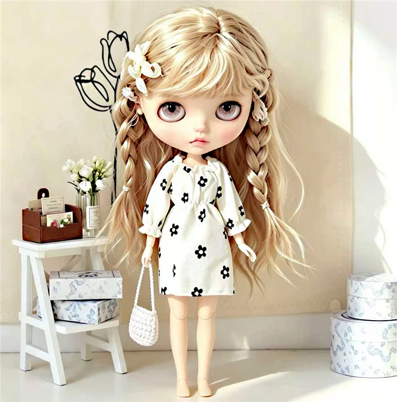For Blythe Doll Outfit Clothes Luxury Checkered Coat Dress Set Sweet Princess Bowknot Skirt Clothing For Barbies OB24 Small 1/6