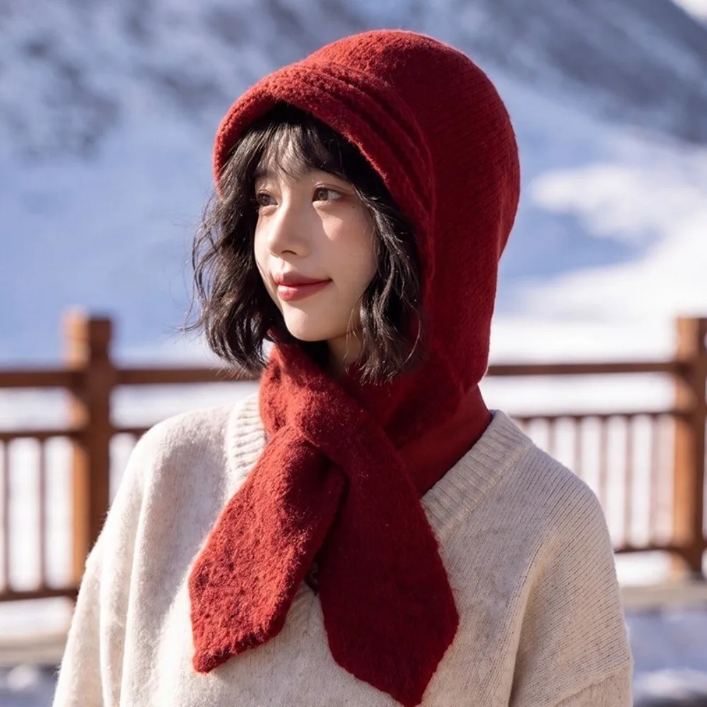 Simple Wool Knitted Balaclava Hat Beanie Warm Hat and Scarf 2-in-1 Soft Thickened Earflap Hat Winter/Autumn