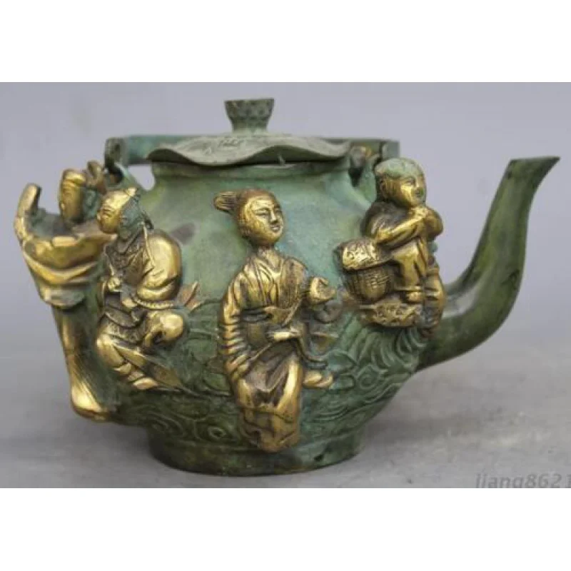 

7"; Chinese Bronze Gilt Ancient Eight Immortals Wine Tea Pot Statue
