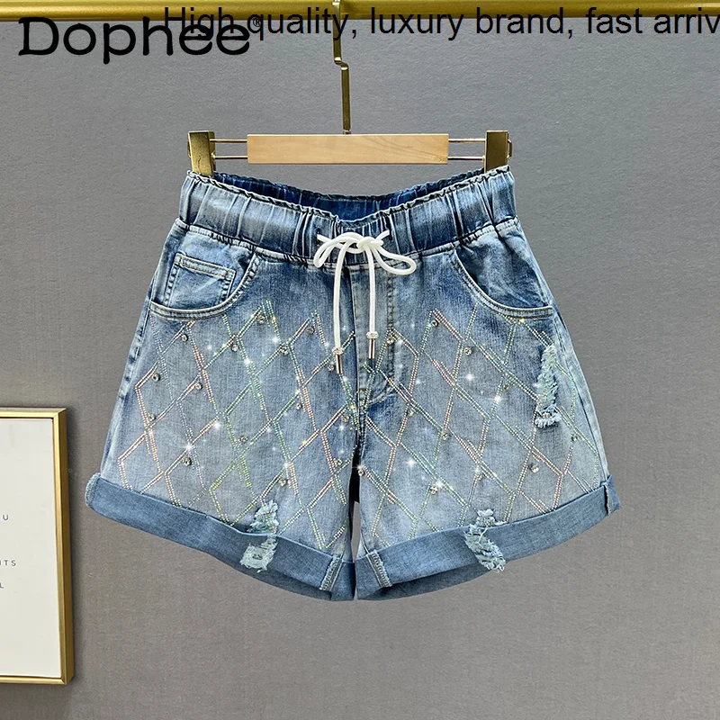 

Diamond Sequins Fashion Baggy Jeans Women's 2023 New Summer High Waist Slimming Wide Leg Denim Shorts Ladies Hot Pants