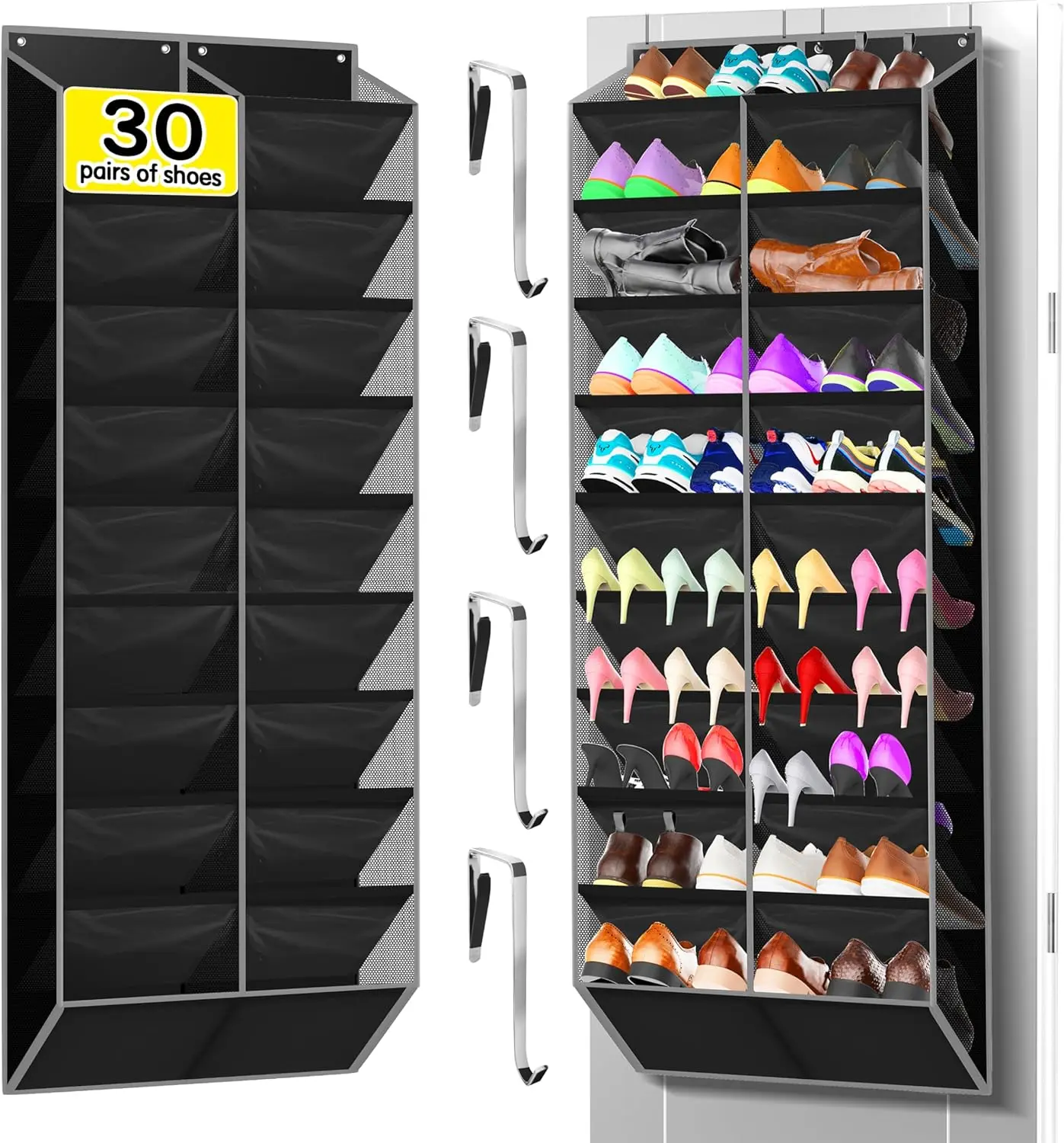 

10-Tier Over the Door Shoe Organizer, 20 Pockets Holds 20-30 Pairs, Heavy-Duty Oxford Fabric with