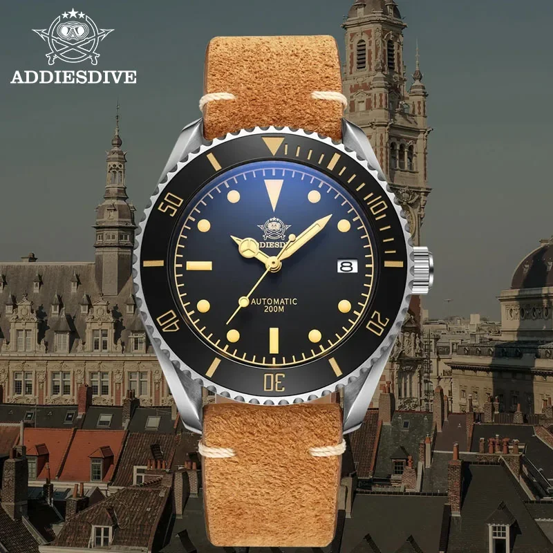 Addiesdive นาฬิกาออโตเมติกสำหรับผู้ชาย, AD2101แนวธุรกิจนาฬิกาหนังวินเทจยาว200เมตรนาฬิกากลไกสำหรับดำน้ำลึกหรูหราสายรัดข้อมือแซฟไฟร์ NH35หรู