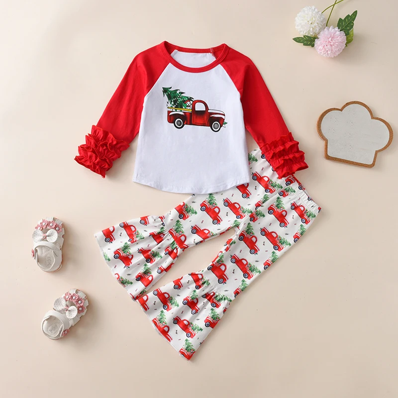 Girls Christmas Outfit Long Sleeve Reindeer Elf Print Tops Bell Bottom Pants Set Holiday Clothing for Toddlers