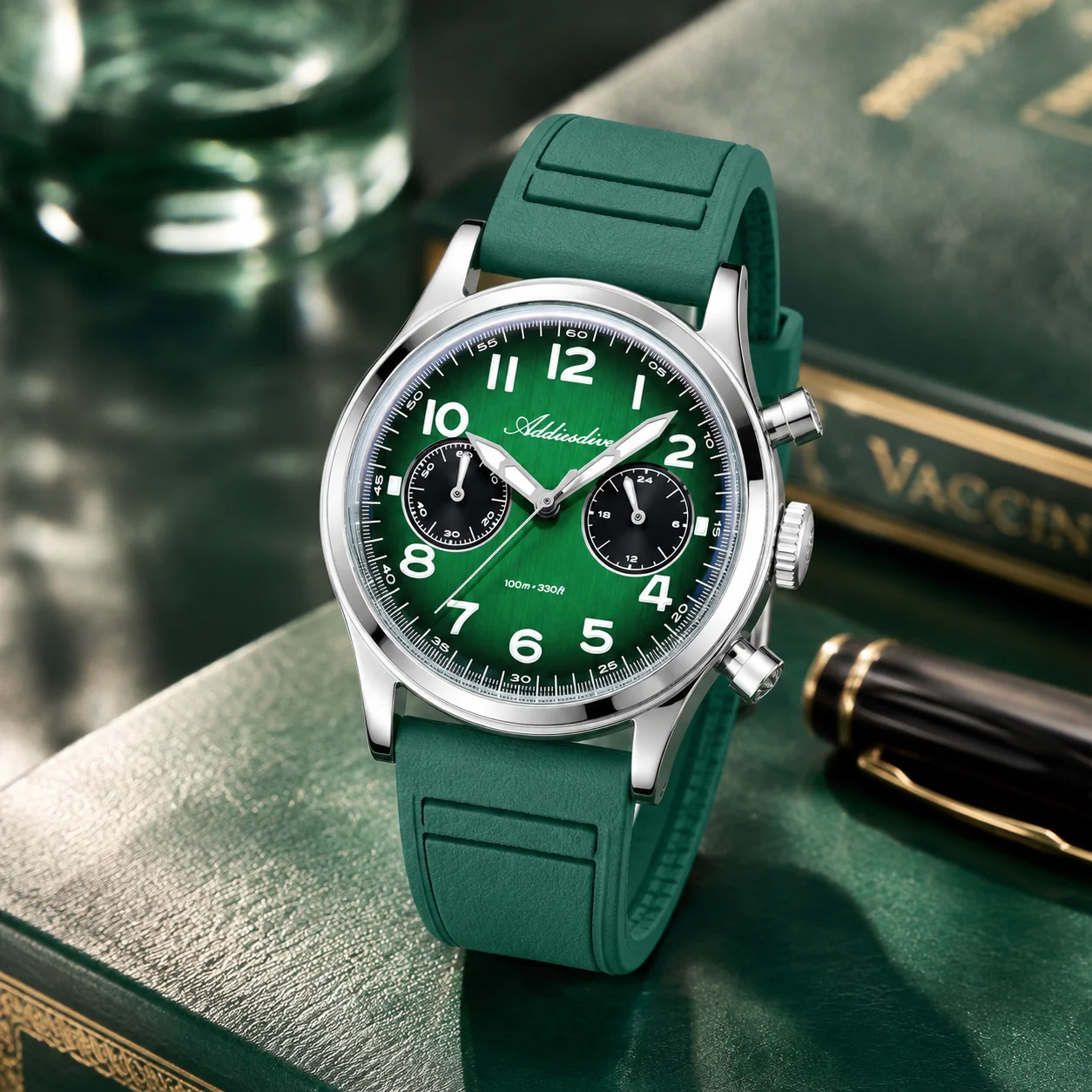 

ADDIESDIVE Quartz Watches For Man Luxury 38mm Fluororubber Dome Glass Luminous Chronograph 100m Waterproof Stainless Steel Watch